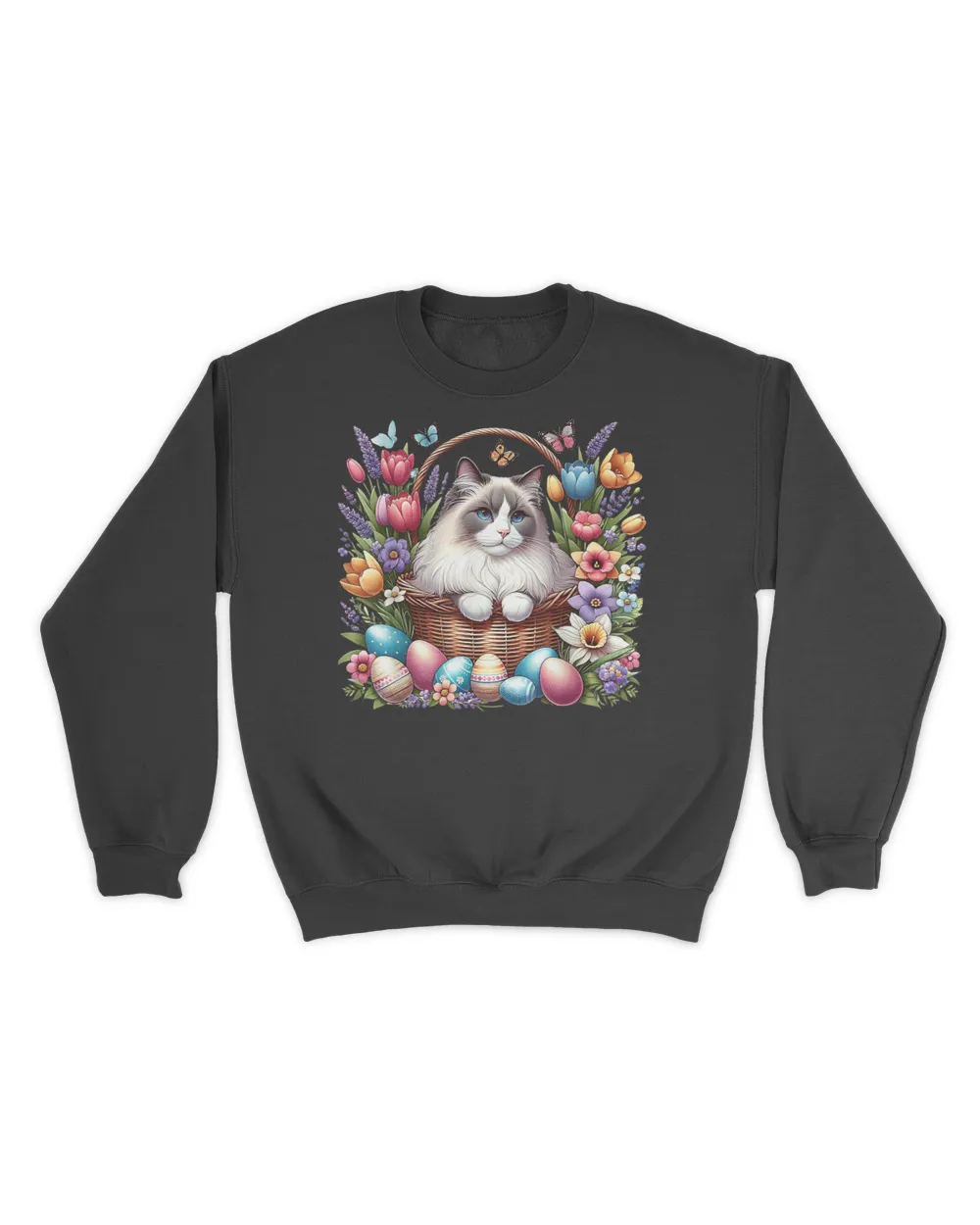 Cute Ragdoll Cat surrounded by eggs and flourishing flowers T-Shirt