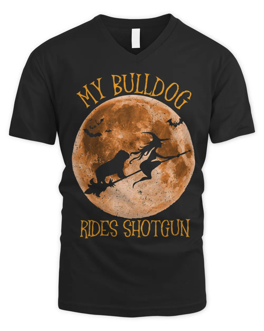 Funny Bulldog Ride Shotgun Broom Moon Halloween