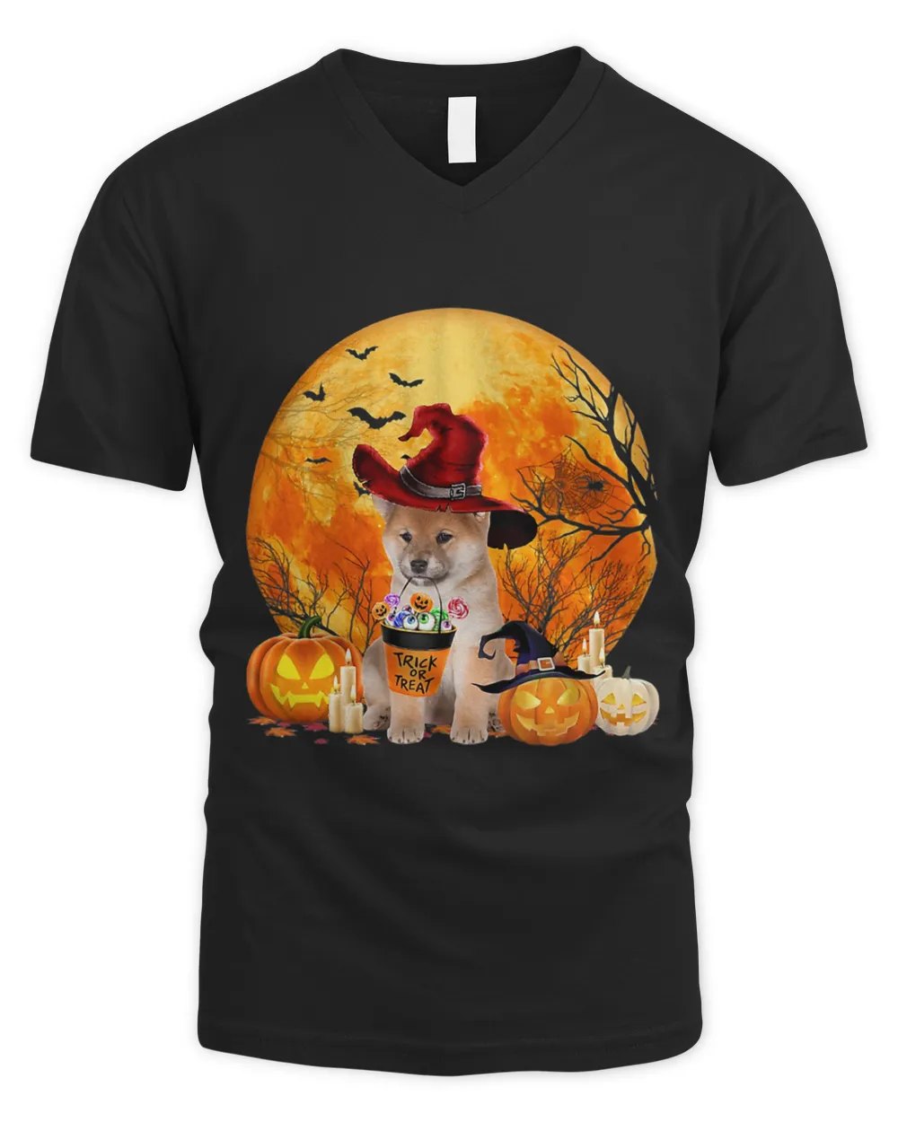 Trick Halloween Shiba Inu Witch Hat Spooky Pumpkin Moon 254