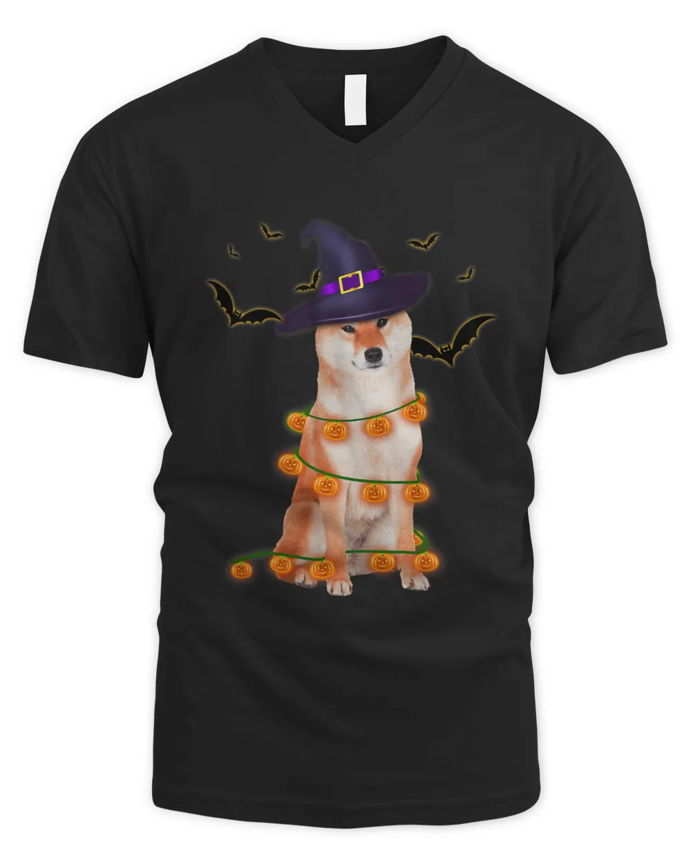 Shiba Inu Wizard Hat Tree Lights Pumpkin Funny Halloween Tee 73