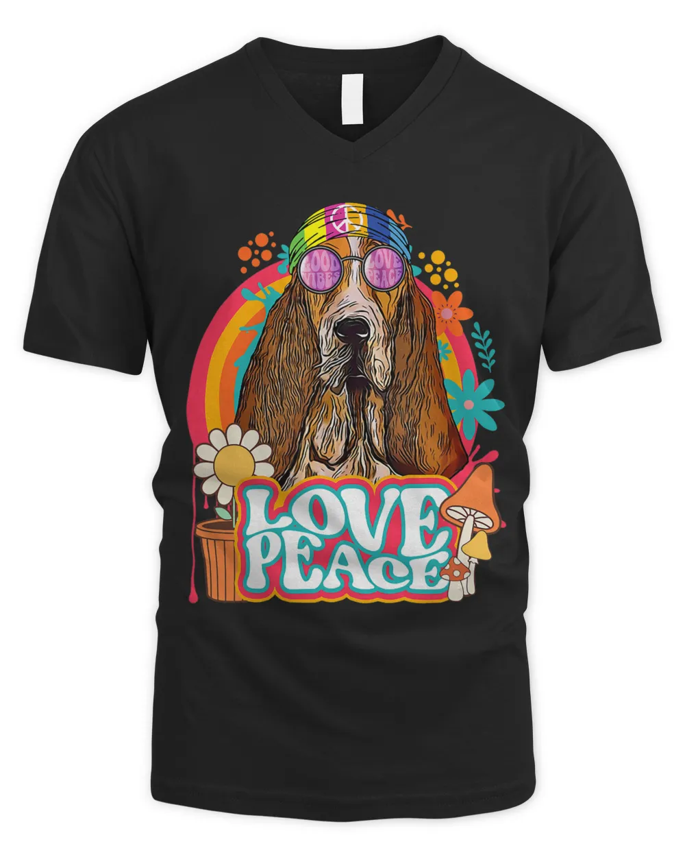 Hippie Basset Hound Dog Retro 60s 70s Peace Sign Love