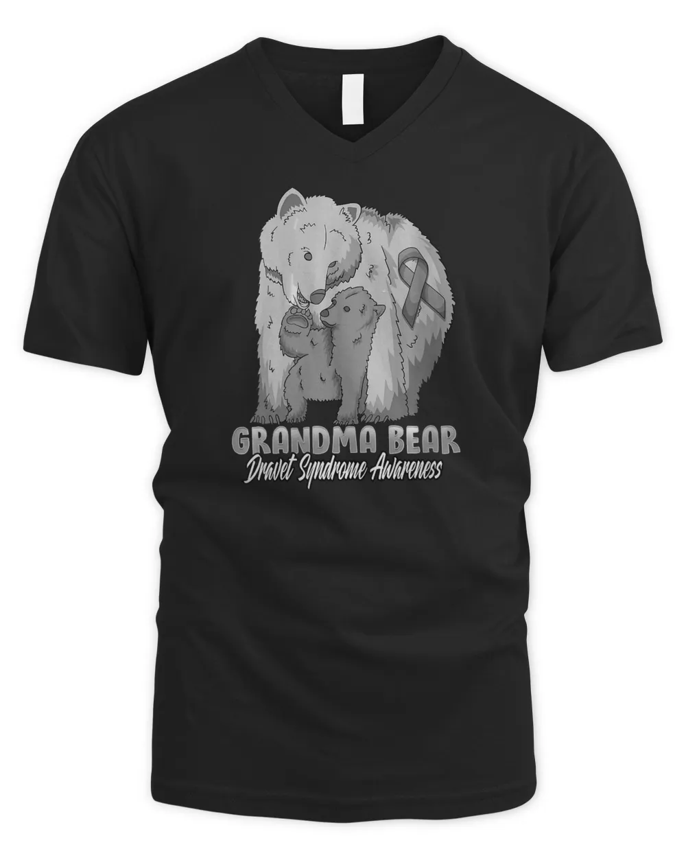 Womens Dravet Syndrome Child Awareness Grandma Bear Support Ribbon V-Neck T-Shirt