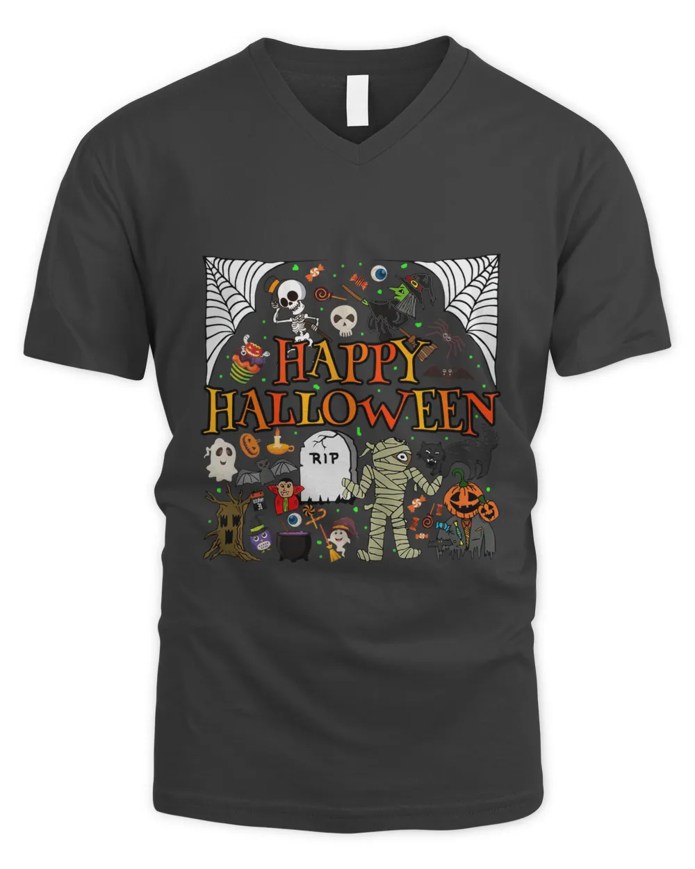 Happy Halloween Scary Retro V-Neck T-Shirt, black cat RIP pumpkin bat skeleton witches