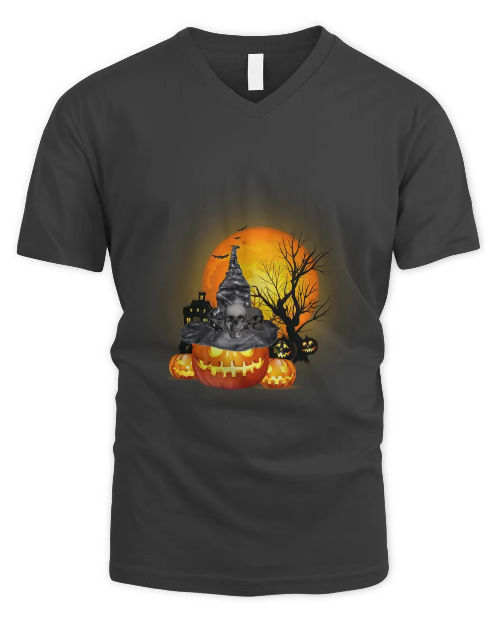 Happy Halloween Long Sleeved T-Shirt, skull skull pumpkin black bats blood moon