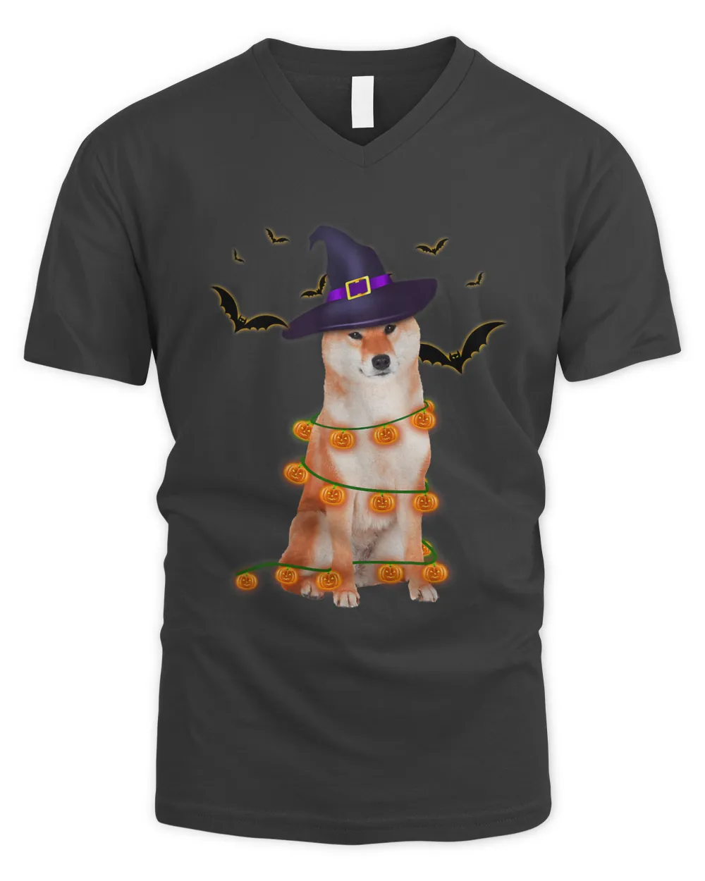 Shiba Inu Wizard Hat Tree Lights Pumpkin Funny Halloween Tee 73