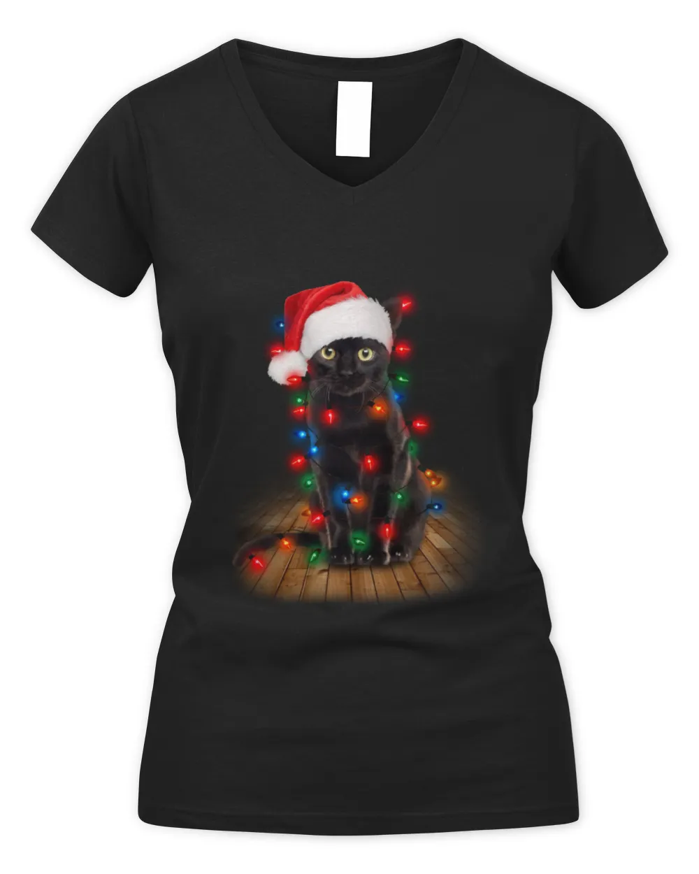 Cat Light Xmas Women's V-Neck T-Shirt black s