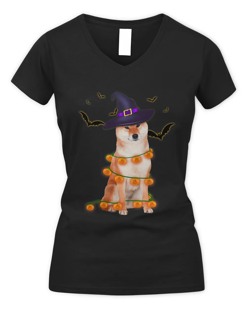 Shiba Inu Wizard Hat Tree Lights Pumpkin Funny Halloween Tee 73