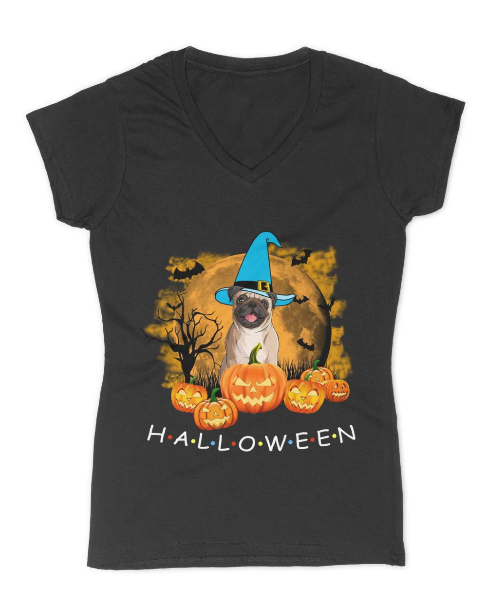 Witch Pug Halloween - Dark Color Women's V-Neck T-Shirt black s