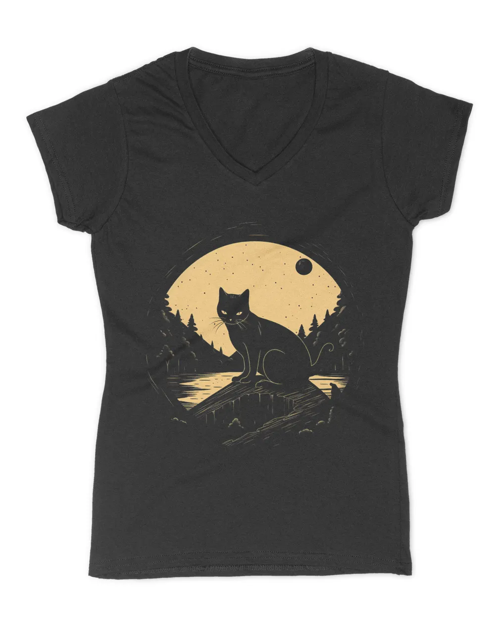 Halloween Vintage Black Cat Costume Scary Night Moon Cat T-Shirt (2)