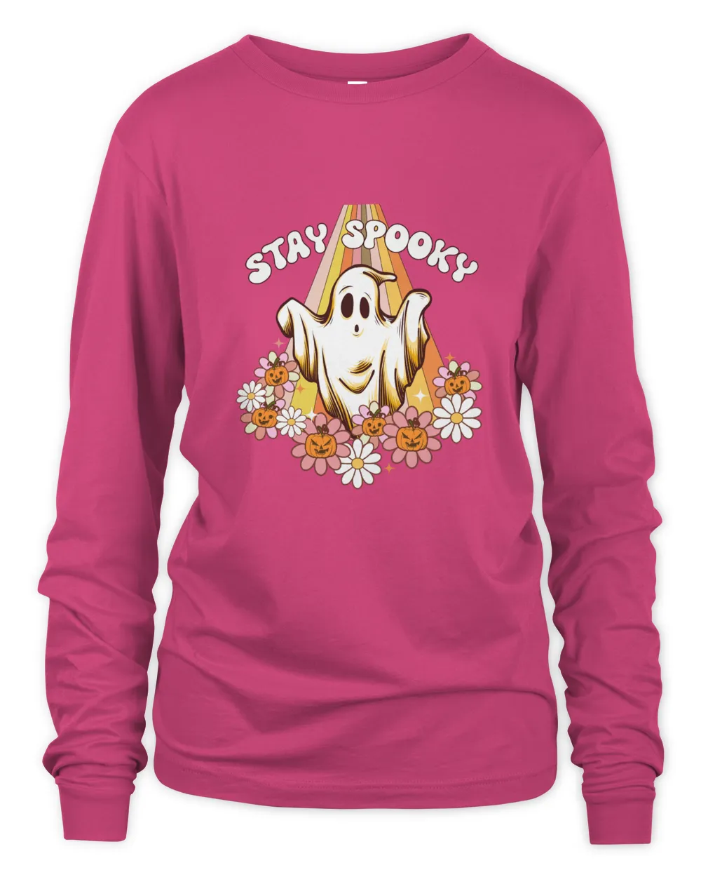 Stay Spooky Women's Long Sleeved T-Shirt, Scared ghost Pumpkin Flower Halloween