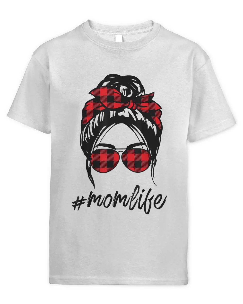 Mom Life Messy Bun Hair Leopard Plaid Momlife Mother's Day T-Shirt