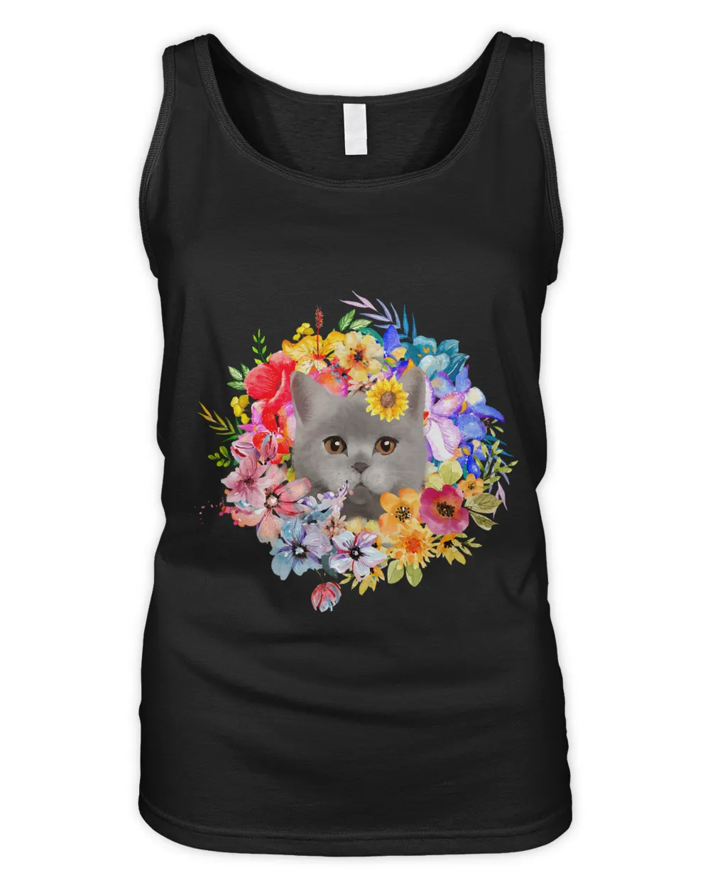 Floral Grey Cat and Spring Flowers Farm Kitty Garden Design