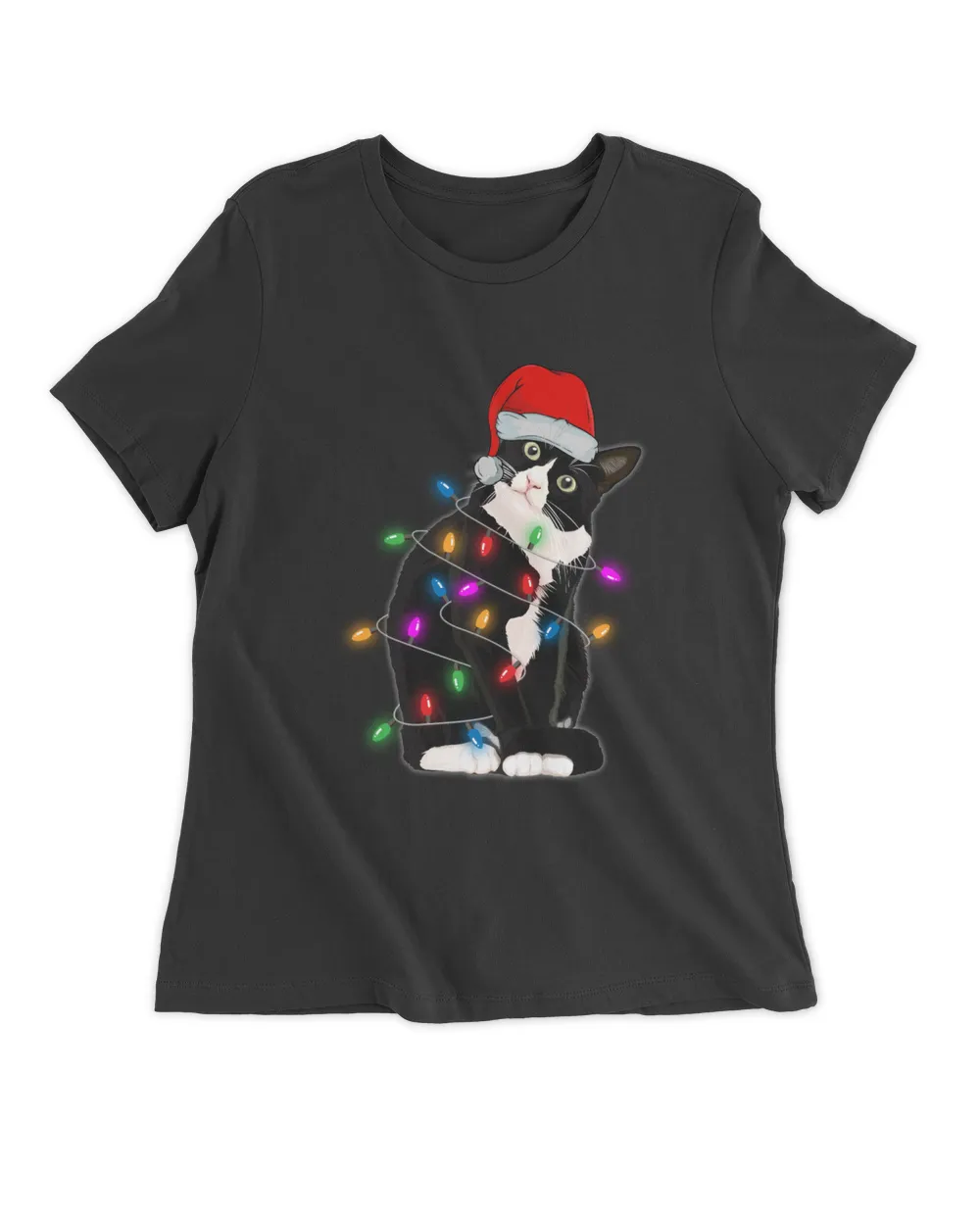 Black Santa Cat with christmas lights Funny Cats Gift