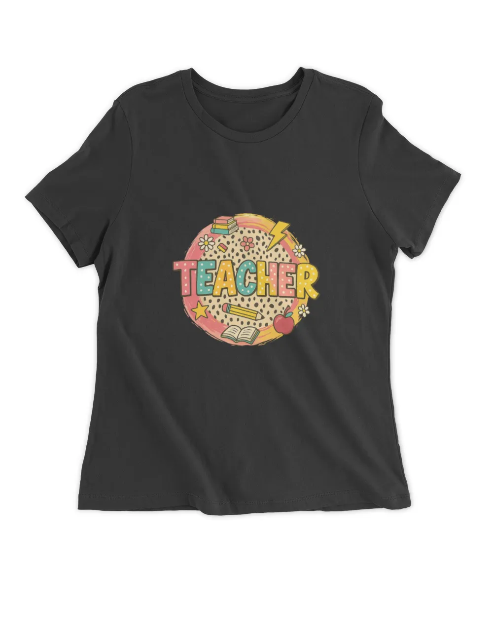 Bold Polka Dot Teacher Text with School Doodles and Leopard Pattern Women's Premium Slim Fit Tee black s