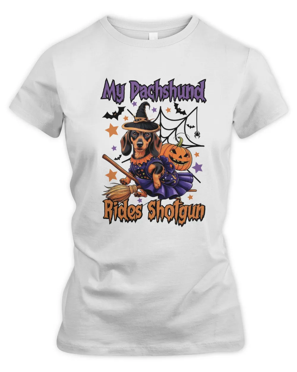 My Dachshund Rides Shotgun Funny Cute Halloween Broomstick Women's Premium Slim Fit Tee white s