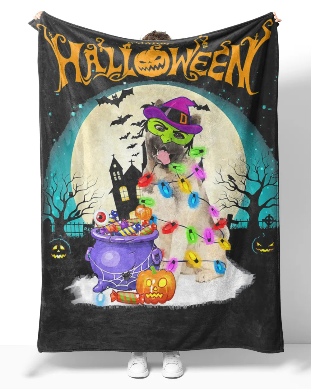 Akita Witch Costumes For Halloween Lights Dog Lover Gift T-Shirt