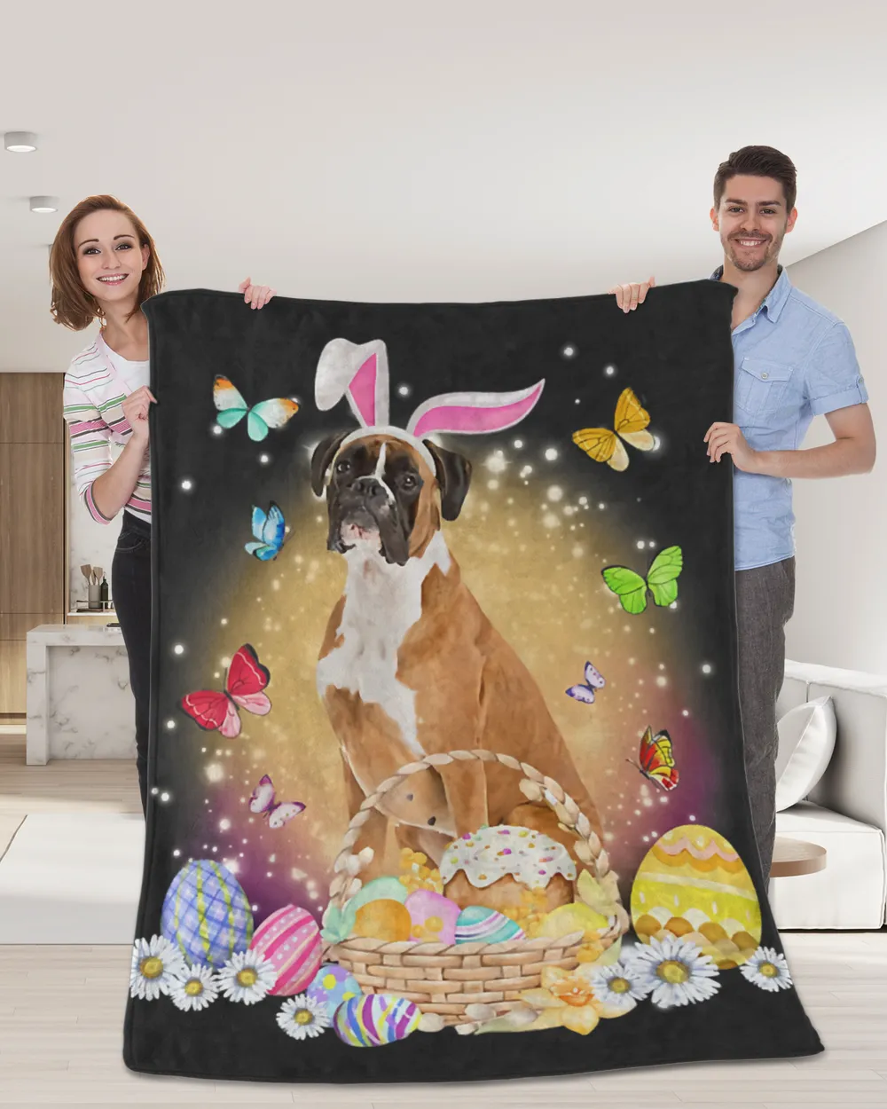 Funny Easter Bunny Boxer Dog Bunny Ear Egg Basket T-Shirt