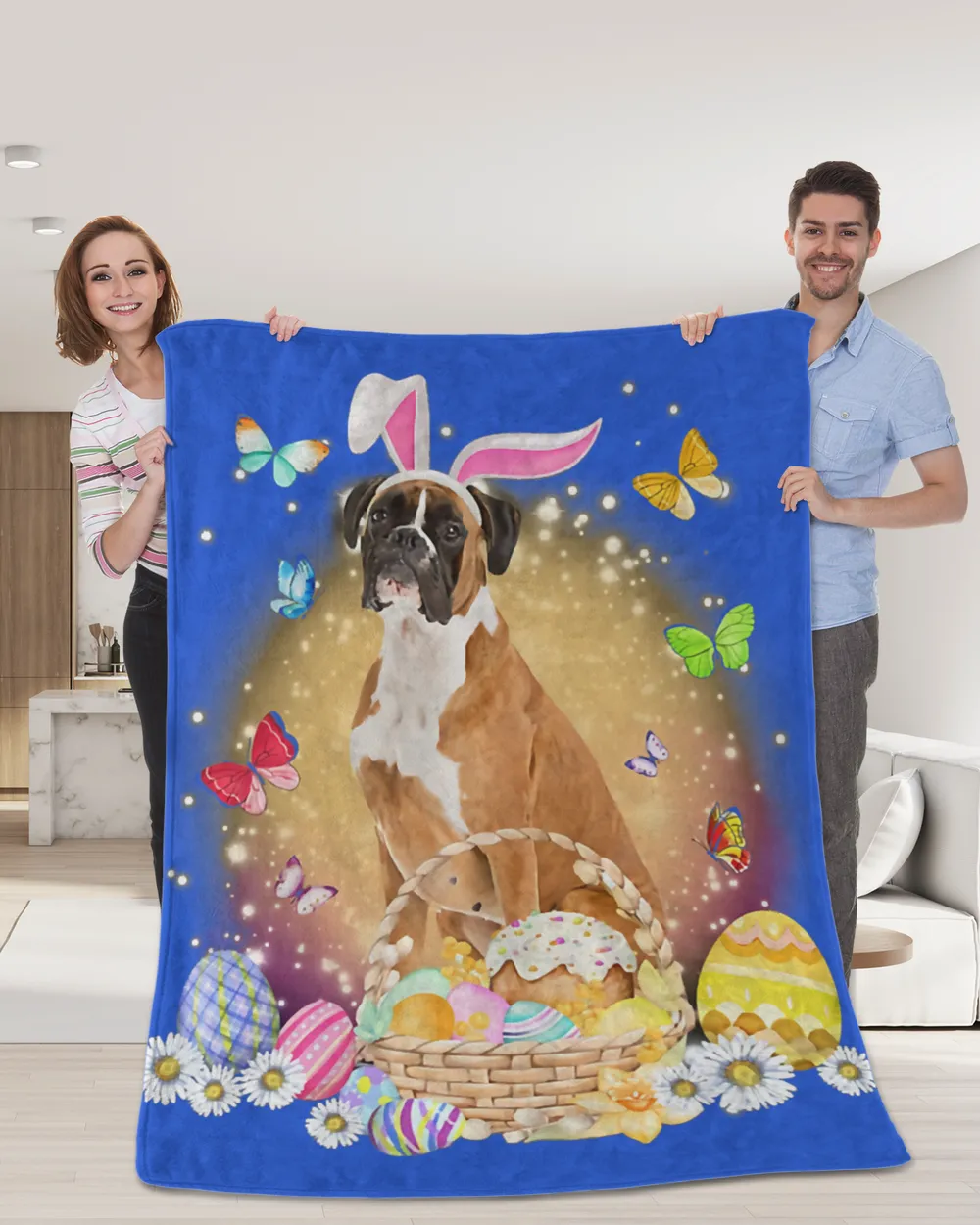 Funny Easter Bunny Boxer Dog Bunny Ear Egg Basket T-Shirt