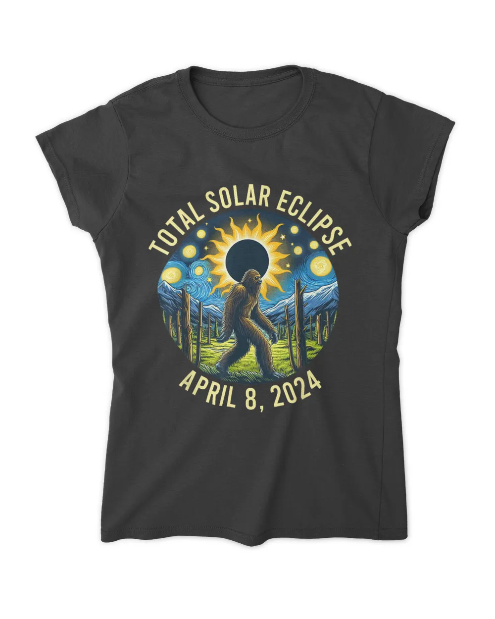 Van Gogh Starry Night Sasquatch Bigfoot Solar Eclipse 2024 T-Shirt