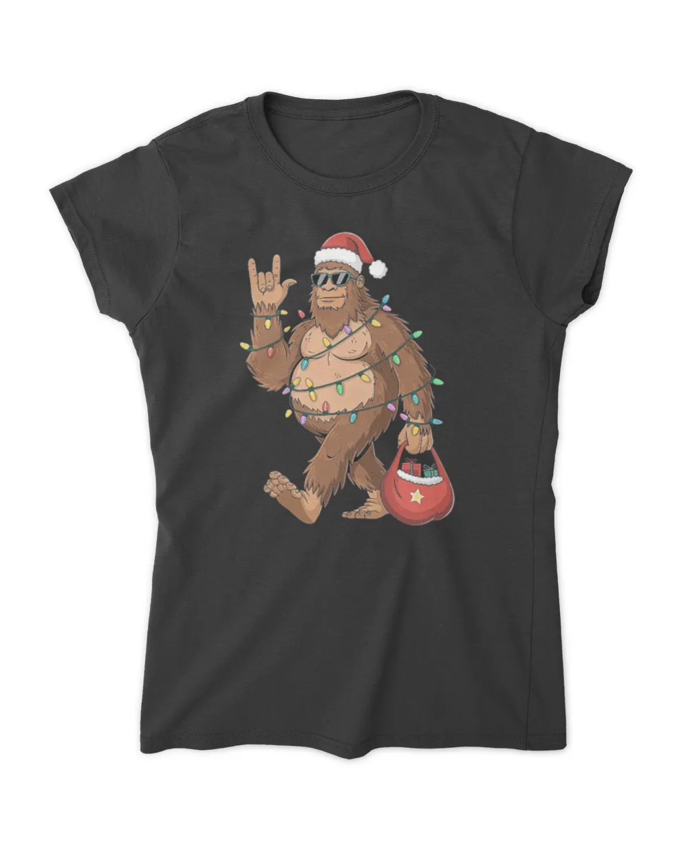 Bigfoot Christmas Art – Bigfoot with Santa Hat and Christmas Lights, Fun Holiday Bigfoot Decor Classic T-Shirt