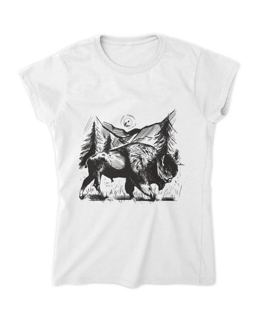 Bison art animal dashed black and white forest