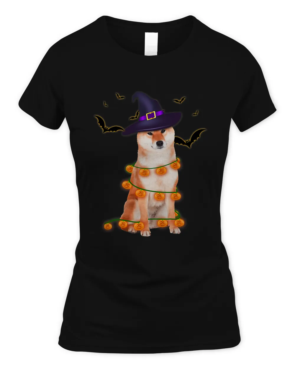 Shiba Inu Wizard Hat Tree Lights Pumpkin Funny Halloween Tee 73