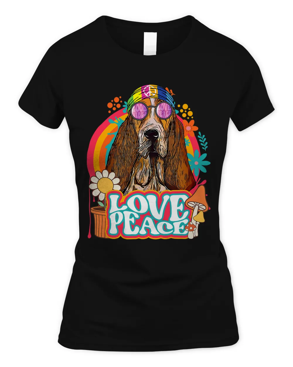 Hippie Basset Hound Dog Retro 60s 70s Peace Sign Love