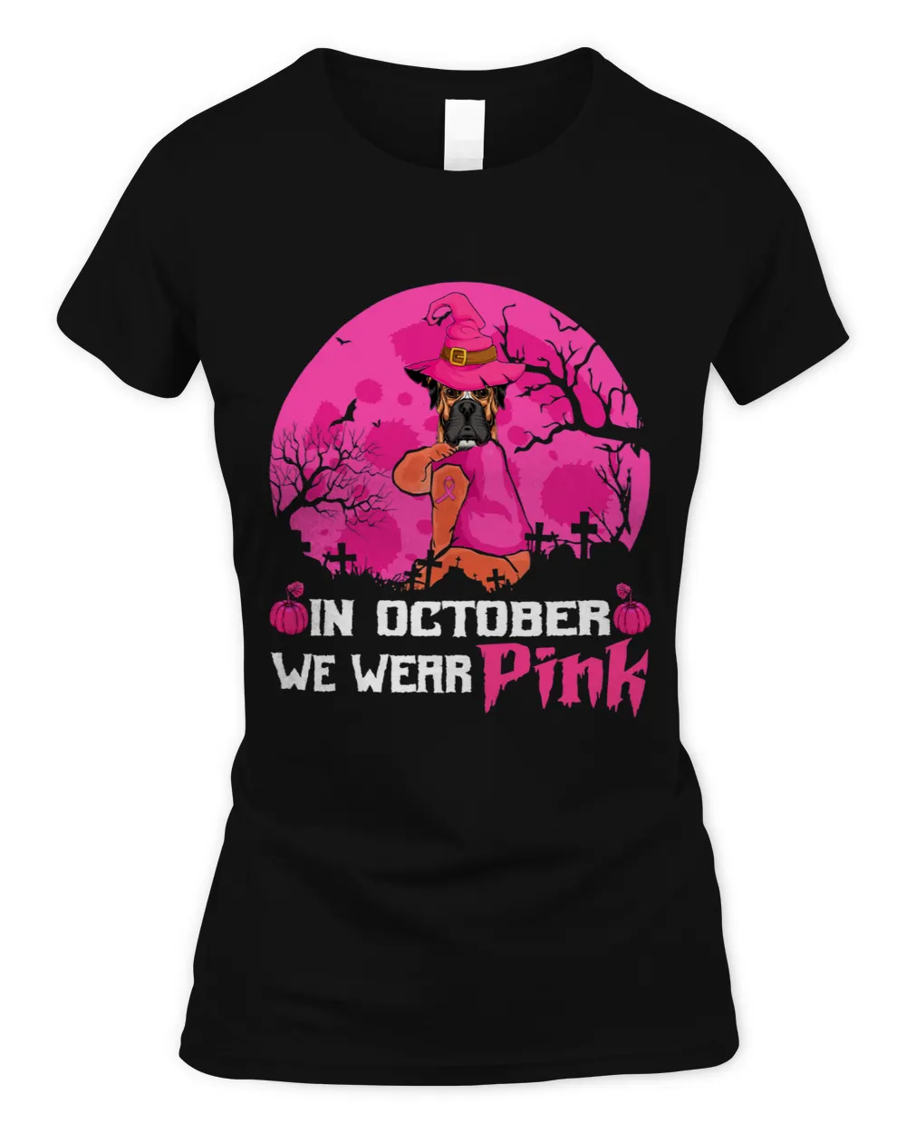 Boxer In October We Wear Pink Witch Boxer Breast Cancer Halloween Boxers Dog