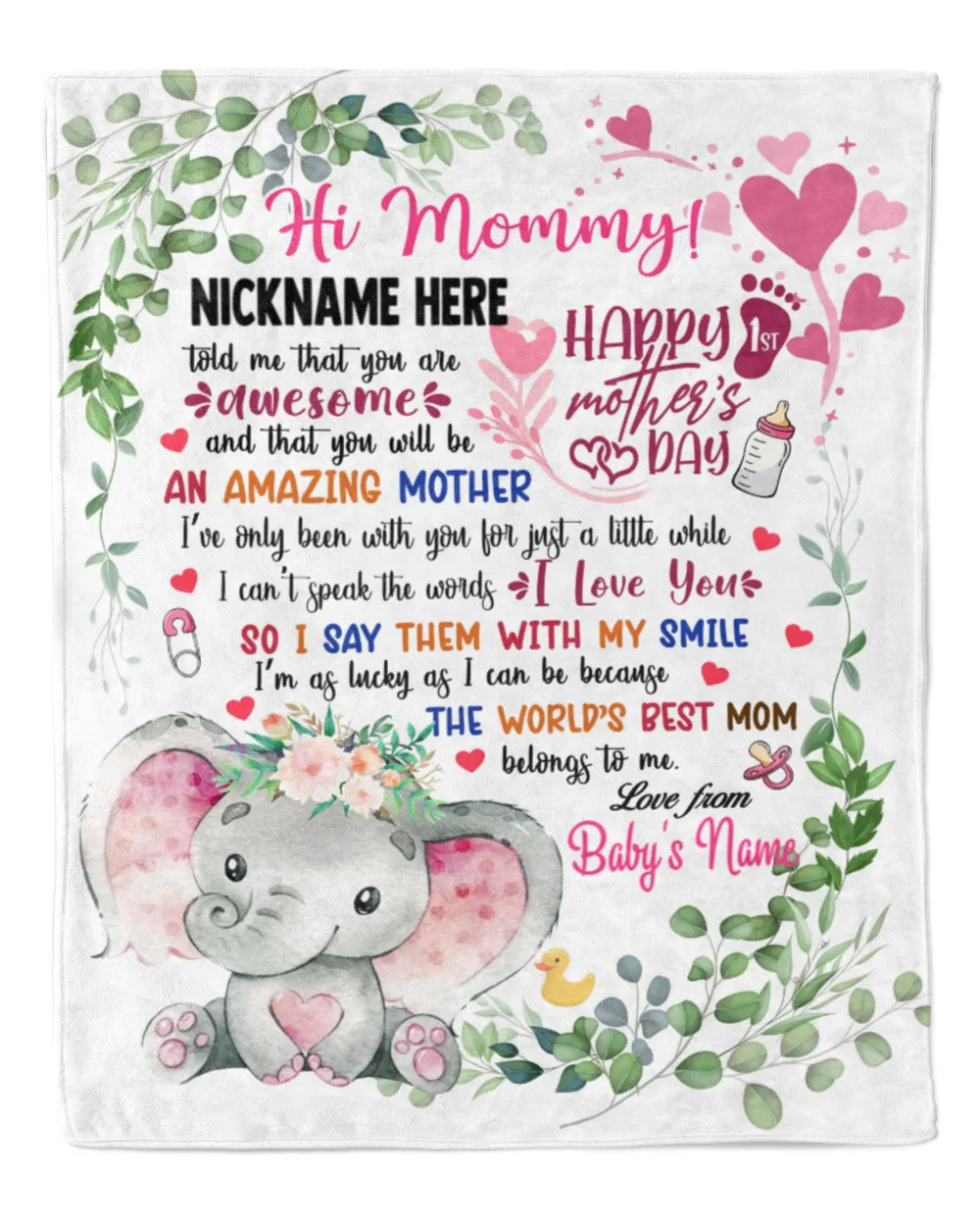 1st Mother's Day Gift, Gifts for New Mom, Personalized Hi MOMMY Cute Baby Elephant ,  Gift  for Newmom,  Safari Baby Shower, Jungle Nursery Blanket