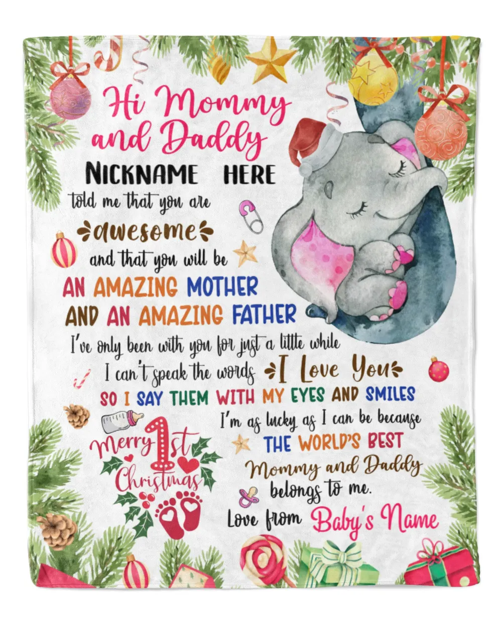 Personalized Hi MOMMY and DADDY 1st Christmas Elephant Cute girl, Gift from Grandma and baby for Newmom