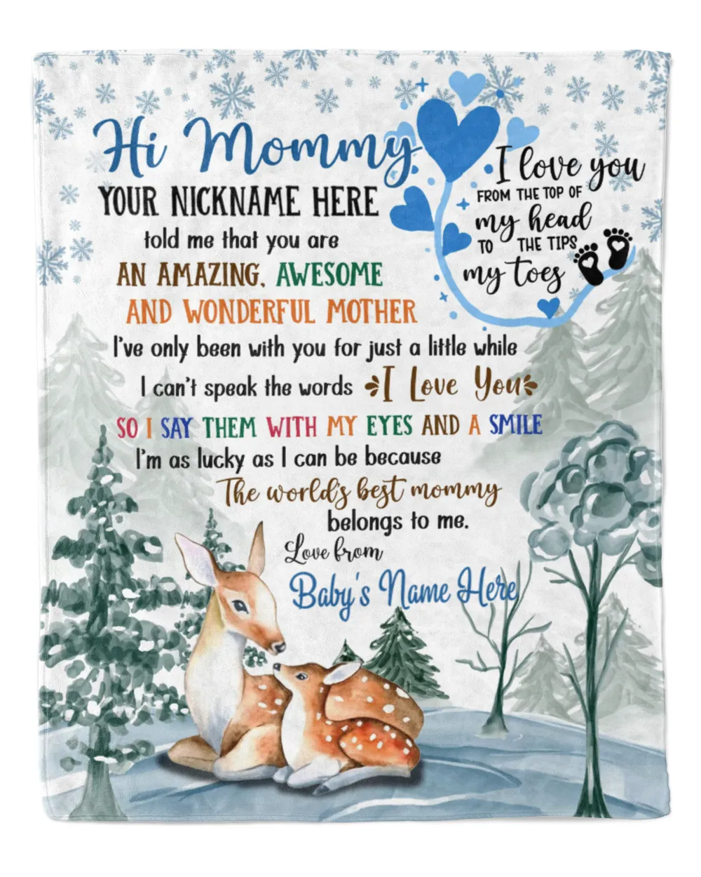 Personalized Hi MOMMY  Cute Baby Boy Deer in Winter forest, moutain ,  1st Chritmas Gift from Grandma and baby for Newmom, First Christmas gifts.