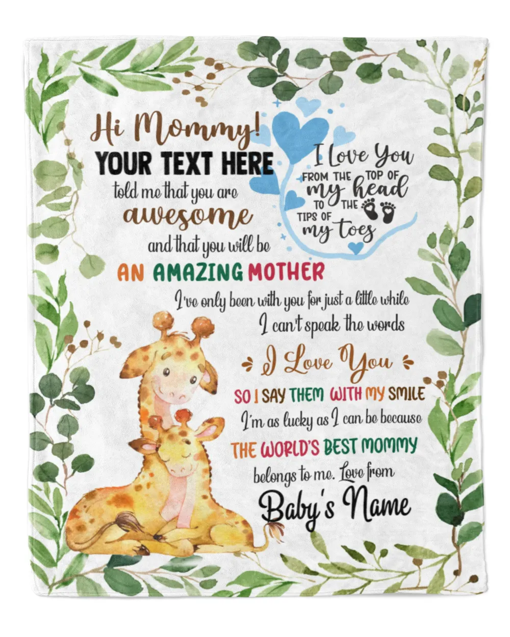 Personalized Hi MOMMY  Cute Baby Giraffe ,  Gift  for Newmom, Safari Baby Shower, Jungle Nursery Blanket