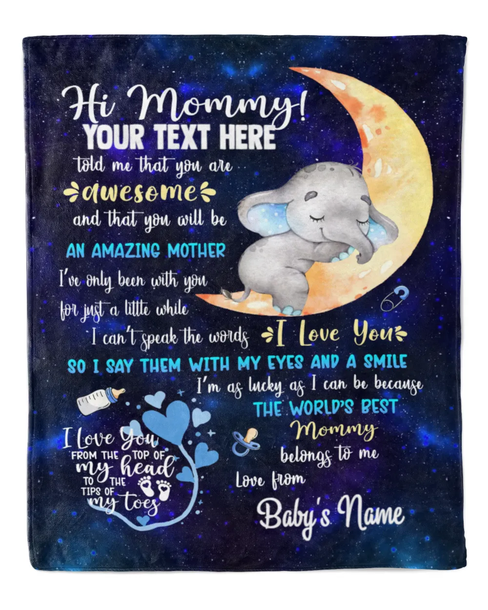 Personalized Hi MOMMY Cute Baby Elephant ,  Galaxy Blue