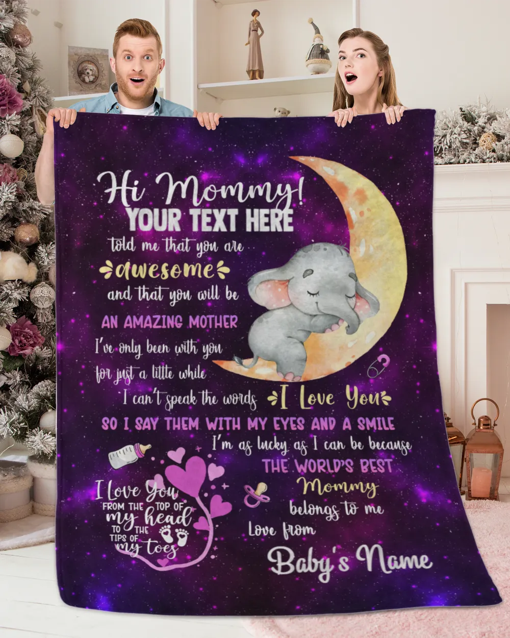 Personalized Hi MOMMY Cute Baby Elephant  , Galaxy Purple
