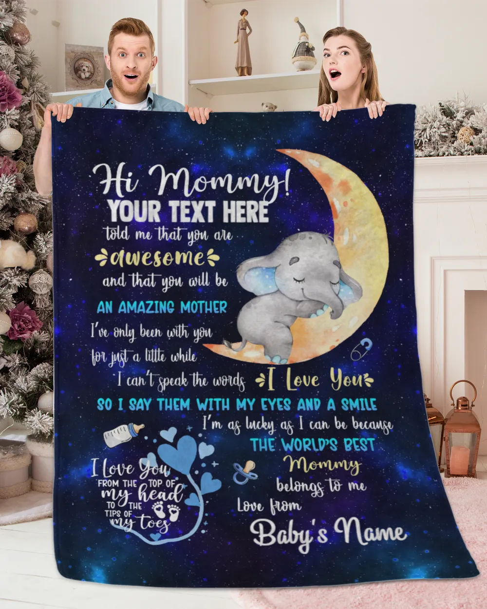 Personalized Hi MOMMY Cute Baby Elephant ,  Galaxy Blue