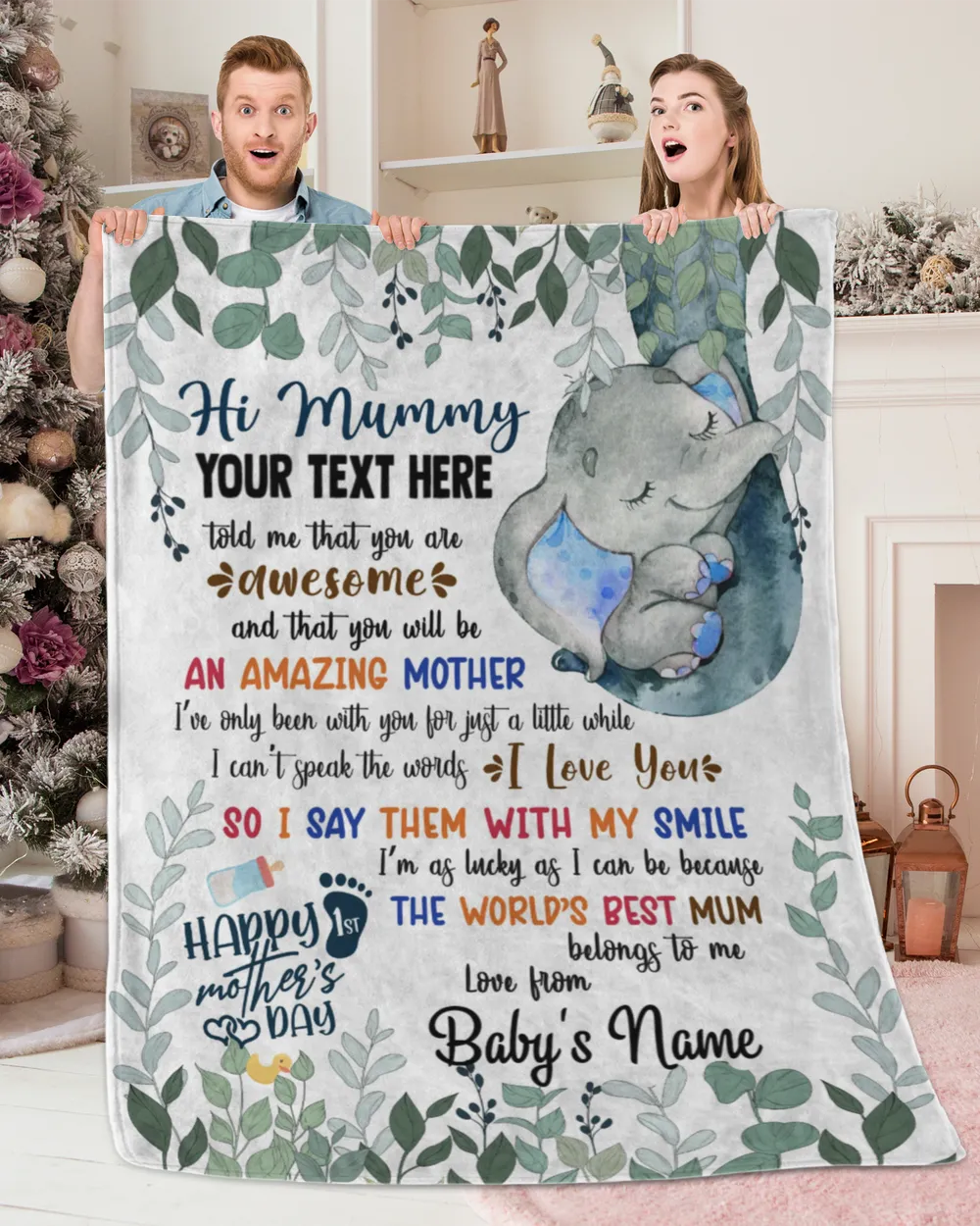 Personalized Hi MUMMY  Cute Baby Elephant and Mum ,  Gift  for Newmum, Safari Baby Shower, Jungle Nursery Blanket