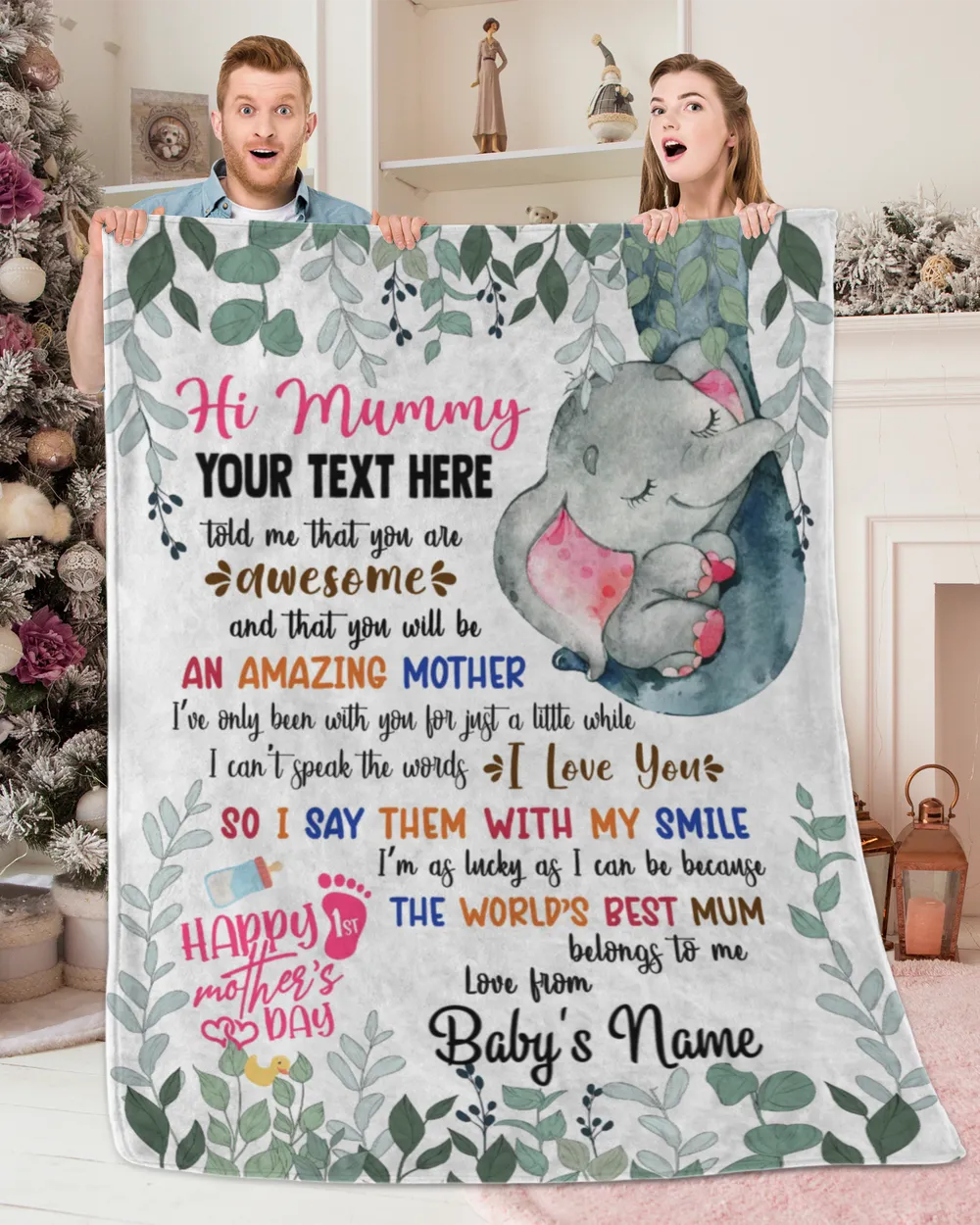 Personalized Hi MUMMY Cute Baby Girl Elephant and Mum ,  Gift  for Newmum, Safari Baby Shower, Jungle Nursery Blanket