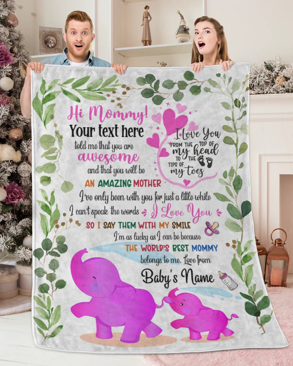 Personalized Hi Mommy and daddy Cute Baby Elephant Girl ,  Gift  for Newdad, Baby Shower Gifts