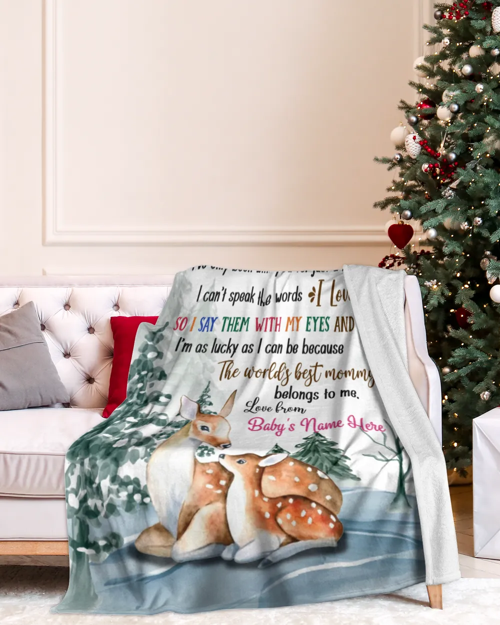 Personalized Hi MOMMY  Cute Baby Girl Deer in Winter forest, moutain ,  1st Chritmas Gift from Grandma and baby for Newmom, First Christmas gifts.