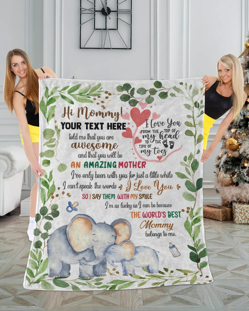 Personalized Hi MOMMY  Cute Baby Elephant and Mom ,  Gift  for Newmom, Safari Baby Shower, Jungle Nursery Blanket