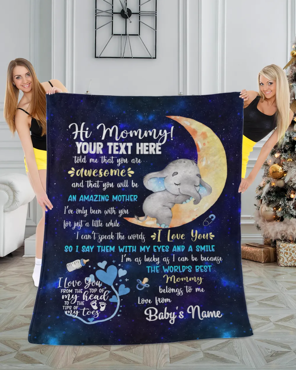 Personalized Hi MOMMY Cute Baby Elephant ,  Galaxy Blue