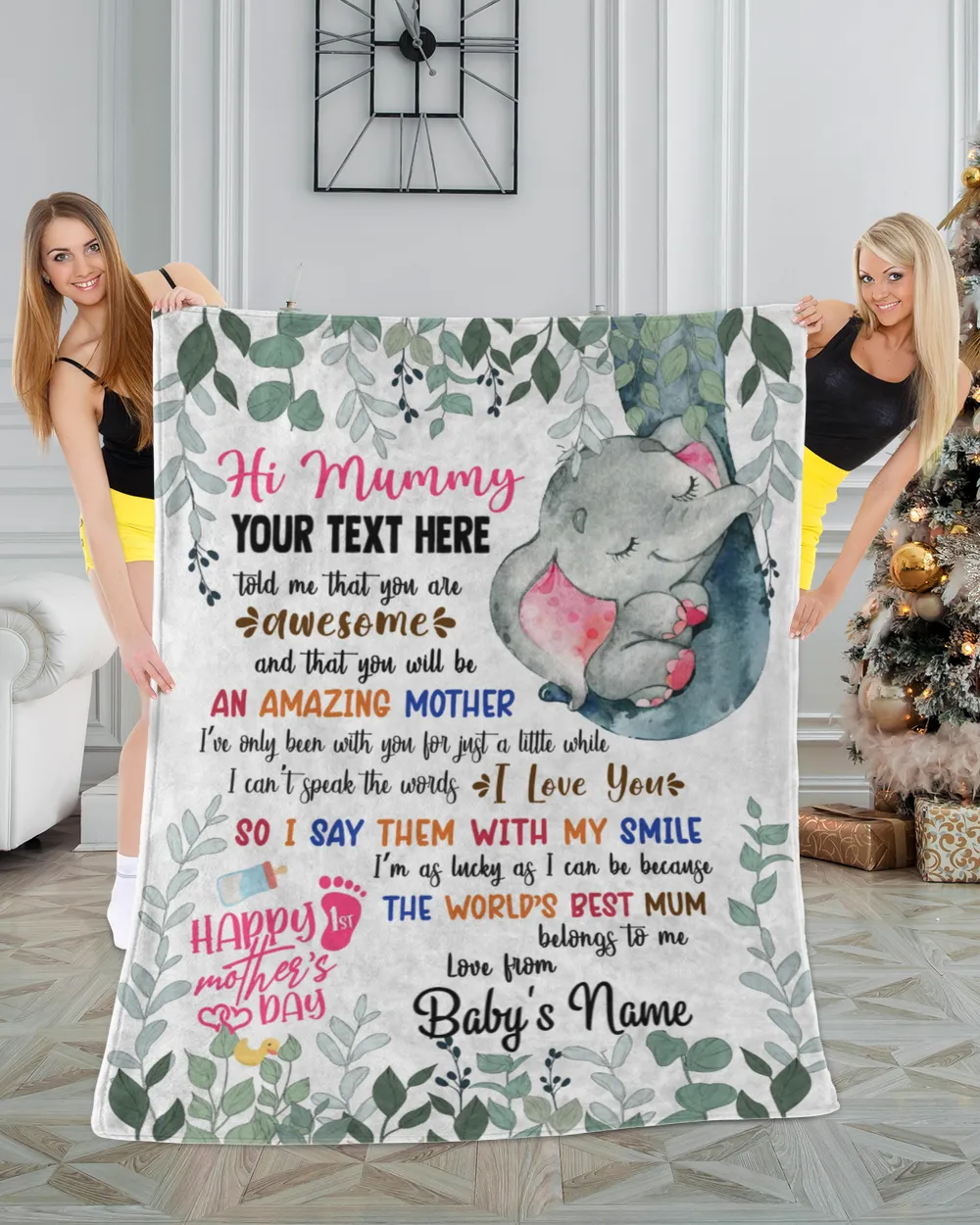 Personalized Hi MUMMY Cute Baby Girl Elephant and Mum ,  Gift  for Newmum, Safari Baby Shower, Jungle Nursery Blanket