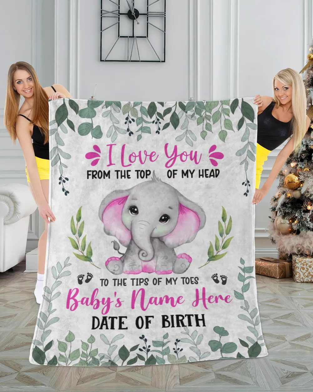 Personalized Name and Date  Cute Baby Elephant Girl ,  Gift  for Newmom, Baby Shower Gifts