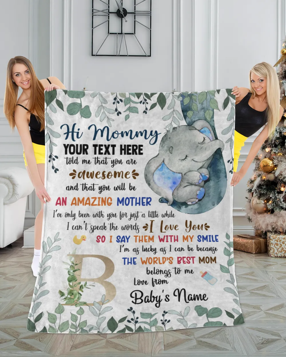 Personalized Hi MOMMY Cute Baby Elephant boy ,  Gift  for Newmom, Custom Alphabet