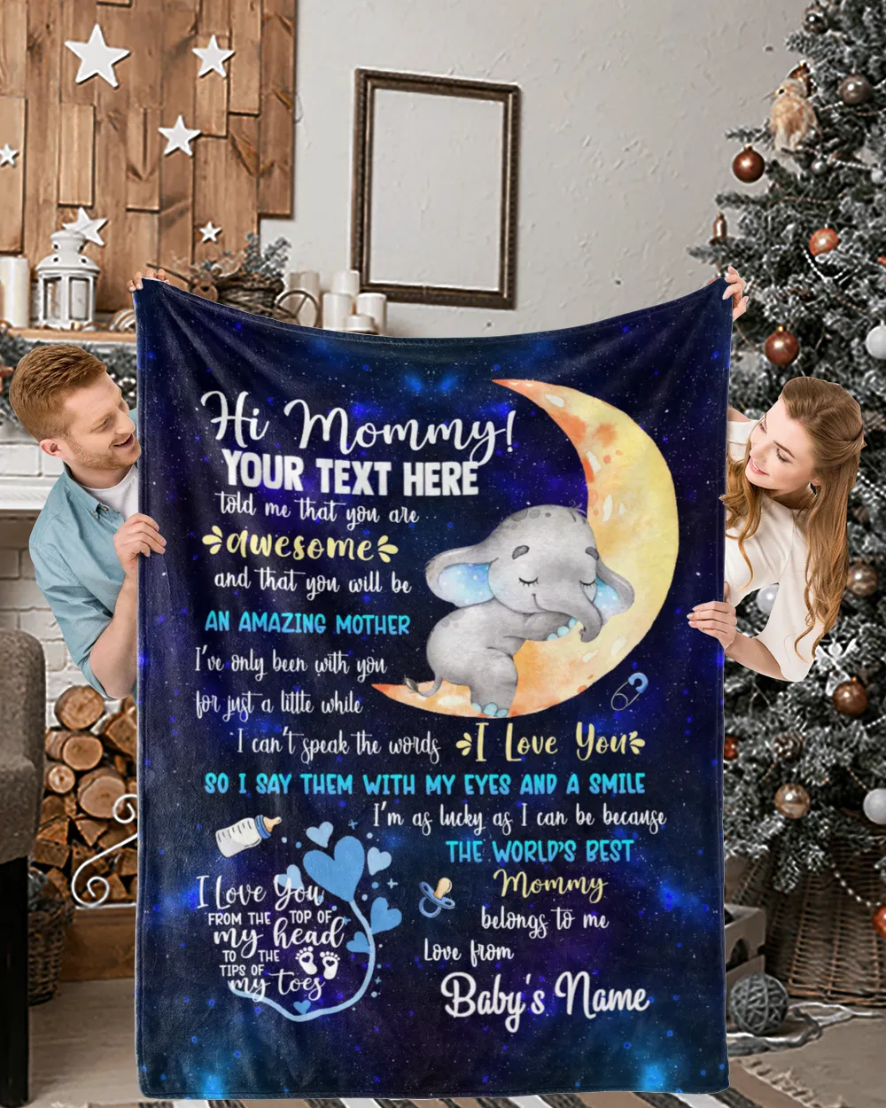 Personalized Hi MOMMY Cute Baby Elephant ,  Galaxy Blue