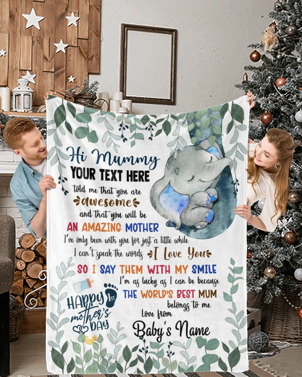 Personalized Hi MUMMY  Cute Baby Elephant and Mum ,  Gift  for Newmum, Safari Baby Shower, Jungle Nursery Blanket