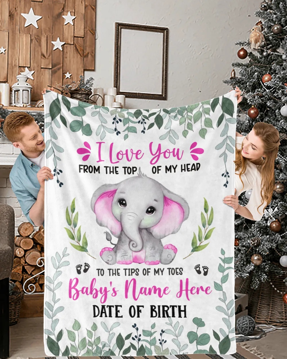 Personalized Name and Date  Cute Baby Elephant Girl ,  Gift  for Newmom, Baby Shower Gifts