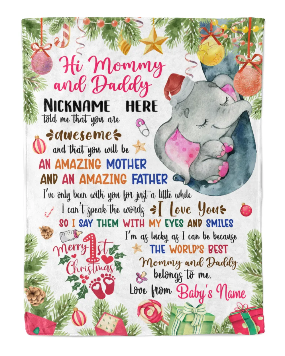 Personalized Hi MOMMY and DADDY 1st Christmas Elephant Cute girl, Gift from Grandma and baby for Newmom