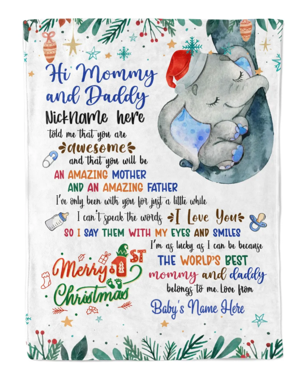 Personalized Hi MOMMY AND DADDY Elephant Cute Baby Boy ,  1st Chritmas Gift from Grandma and baby for Newmom, First Christmas gifts.