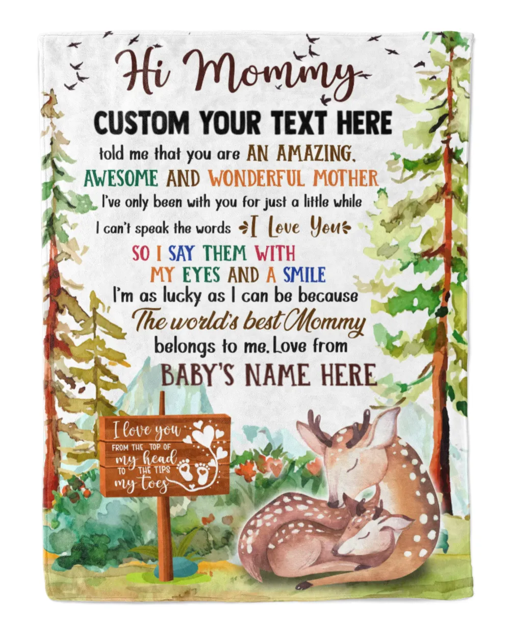 Personalized Hi MOMMY  Cute Baby Deer in forest, moutain ,  1st Chritmas Gift from Grandma and baby for Newmom, First Christmas gifts.